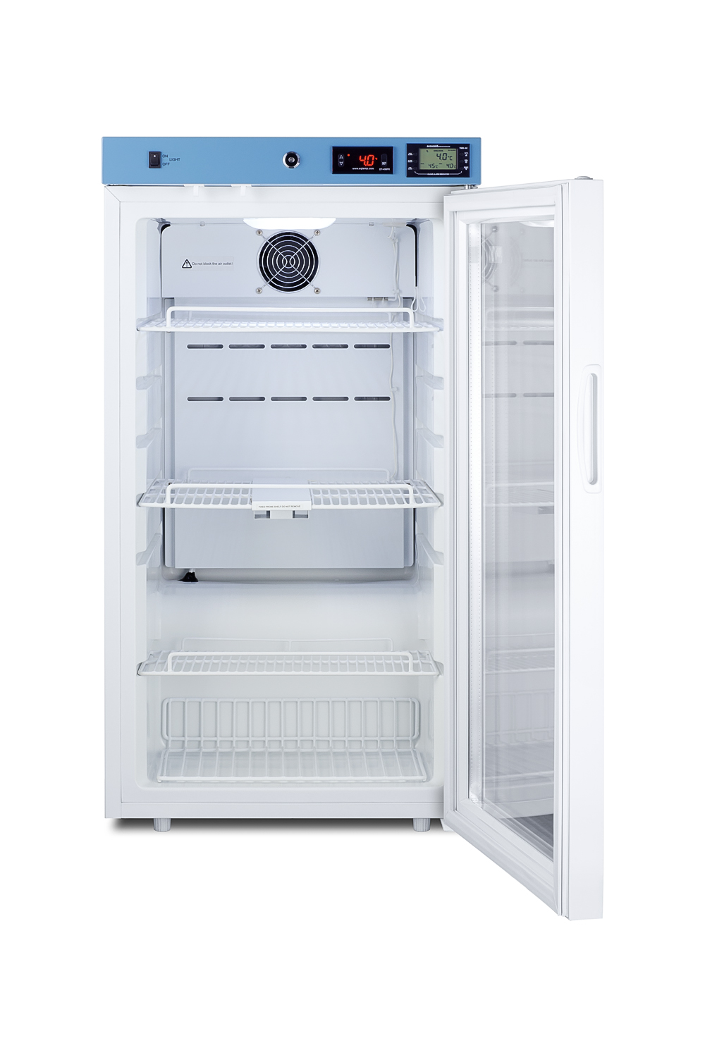 Healthcare all-refrigerator certified to NSF/ANSI 456 with self-closing glass door, front lock, digital controls, and NIST-calibrated temperature readout